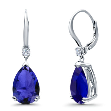 Pear Shape Dangling Leverback Earrings Wedding Simulated Blue Sapphire CZ 925 Sterling Silver (22mm)
